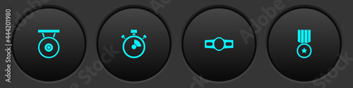 Set Gong, Stopwatch, Boxing belt and Medal icon. Vector