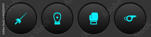 Set Fencing, Boxing training paws, glove and Whistle icon. Vector