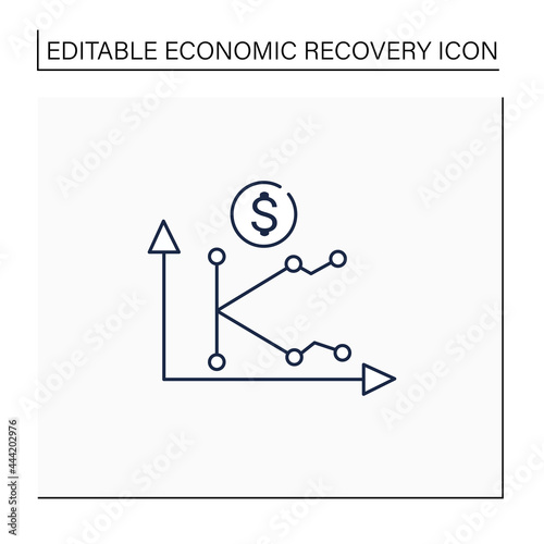 K shaped recovery line icon. Economy fluctuations. Different economy parts recover at different rates, times, or magnitudes. Business concept. Isolated vector illustration.Editable stroke