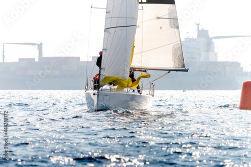 Yacht in action during a race in the mediterranean sea
