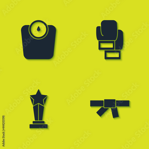 Set Bathroom scales, Black karate belt, Award cup and Boxing glove icon. Vector
