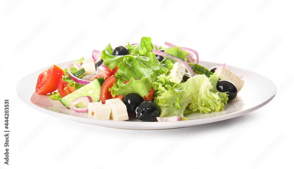 Plate with tasty Greek salad on white background Plate with tasty Greek salad on white background