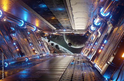 Fototapeta Naklejka Na Ścianę i Meble -  Orange and blue futuristic spaceship interior with window view on distant planets system 3d rendering