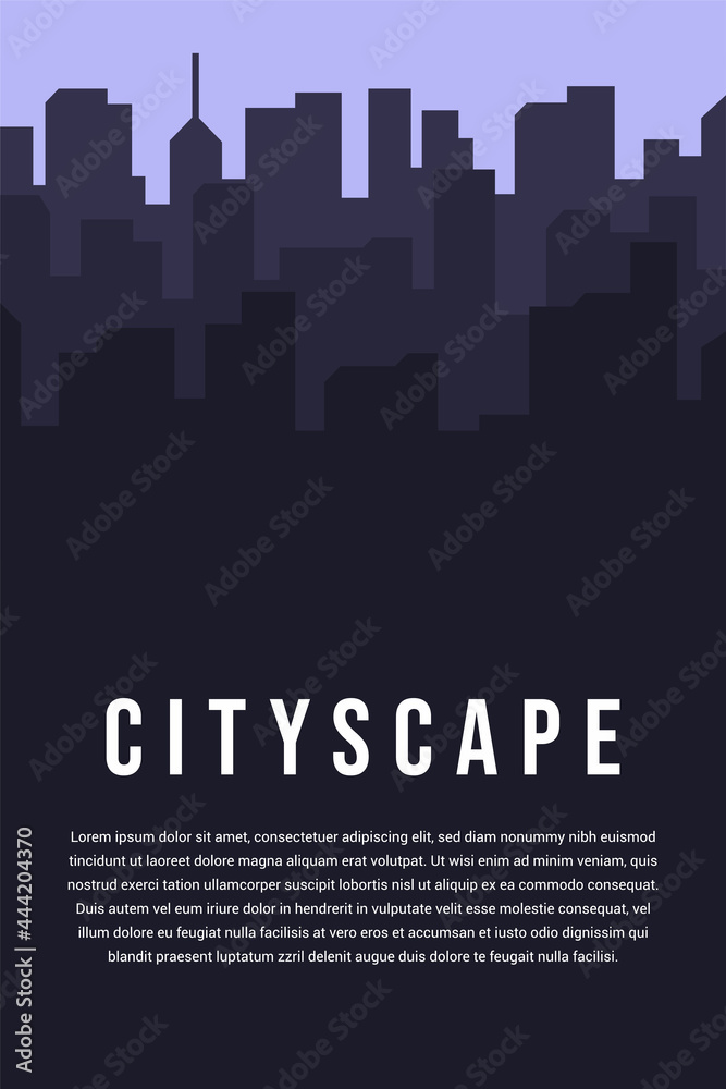 1000 x 1500 Cityscape with title and text sample preview. City building silhouette with title and text preview. Used for background, magazine cover, business, and other.