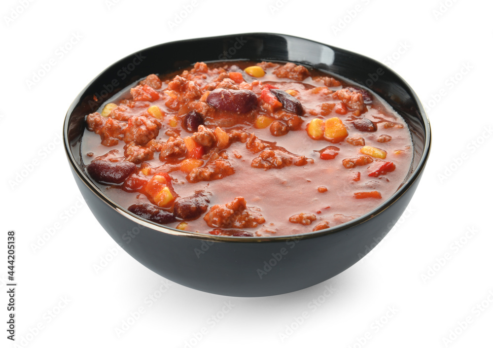 Bowl with delicious chili con carne on white background Bowl with delicious chili con carne on white background