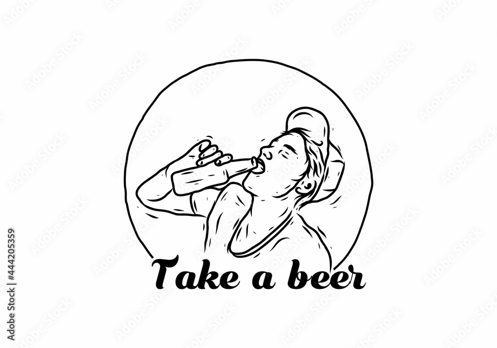 Obraz premium Black illustration drawing of man drink a beer