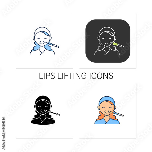 Cosmetic injection icons set.Woman doing injection into nose. Nose lifting.Rejuvenation. Beauty cosmetic procedure. Collection of icons in linear, filled, color styles.Isolated vector illustrations