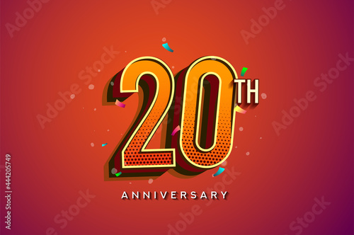 20th Anniversary Logo Design With Colorful Confetti, Birthday Greeting card with Colorful design elements for banner and invitation card of anniversary celebration.