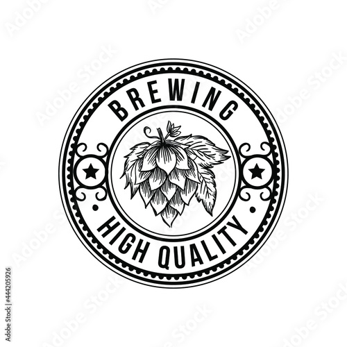 Vintage Badge Retro Hops Drawing Rustic Stamp Round Logo Vector Illustration Template Icon Design