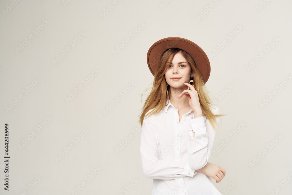 attractive woman wearing hat decoration posing modern style light background attractive woman wearing hat decoration posing modern style light background