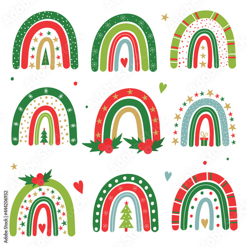 Set of festive rainbows. Christmas Rainbow. Vector baby illustration. New Year and Christmas symbols and elements. Isolated on white background. Good for posters, t shirts, postcards.