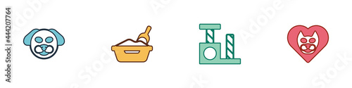 Set Dog, Cat litter tray with shovel, scratching post and Heart cat icon. Vector
