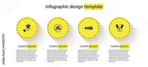 Set Hands with animals footprint, No shit, Fish skeleton and Dog award symbol. Business infographic template. Vector