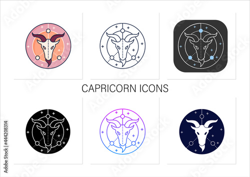 Aquarius icons set.Eleventh fire sign in zodiac.Water Bearer birth symbol.Mystic horoscope sign. Astrological science.Collection of icons in linear, filled, color styles.Isolated vector illustrations