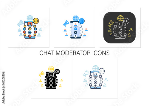 Chat moderator icons set. Main person in application. Administrator. Communication concept. Collection of icons in linear, filled, color styles.Isolated vector illustrations