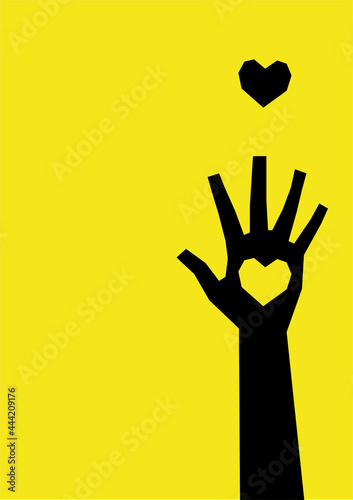 Modern minimalistic poster background. Black silhouette of a hand with a heart-shaped hole in the palm and a silhouette of a heart nearby on a yellow background. Love story, romance design А4, А3