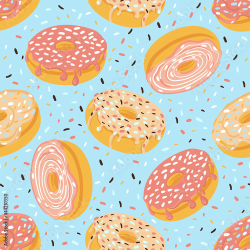 Sweet donuts seamless pattern in glaze and sprinkles. Cartoon vector illustration