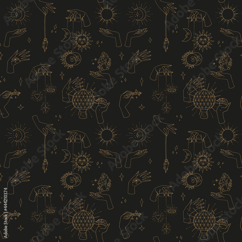 Seamless pattern with hand drawn doodle line art female witch hands holding sun and moon. Spiritual mystic repeat texture. On black background.