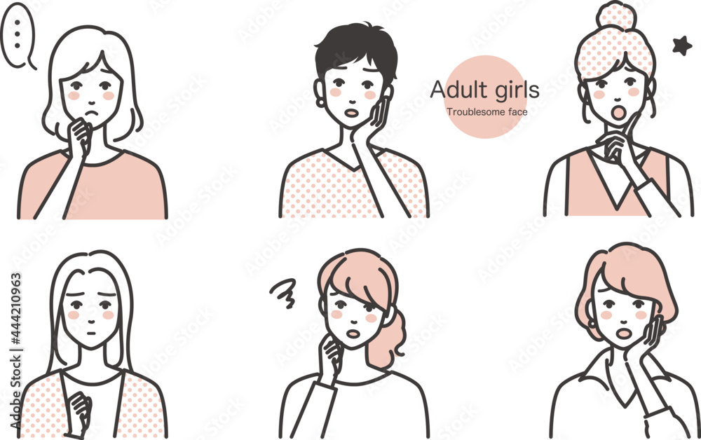 困り顔の女性のイラストカット ベクター バリエーション 困る 不安 悩み 心配 Stock Vector Adobe Stock