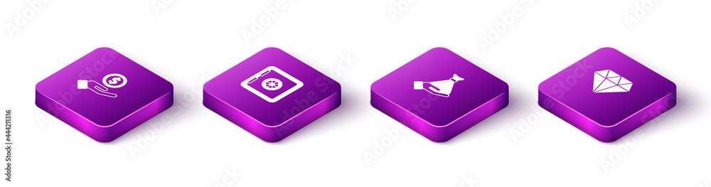 Set Isometric Hand giving money, Safe, Money hand and Diamond icon. Vector Set Isometric Hand giving money, Safe, Money hand and Diamond icon. Vector