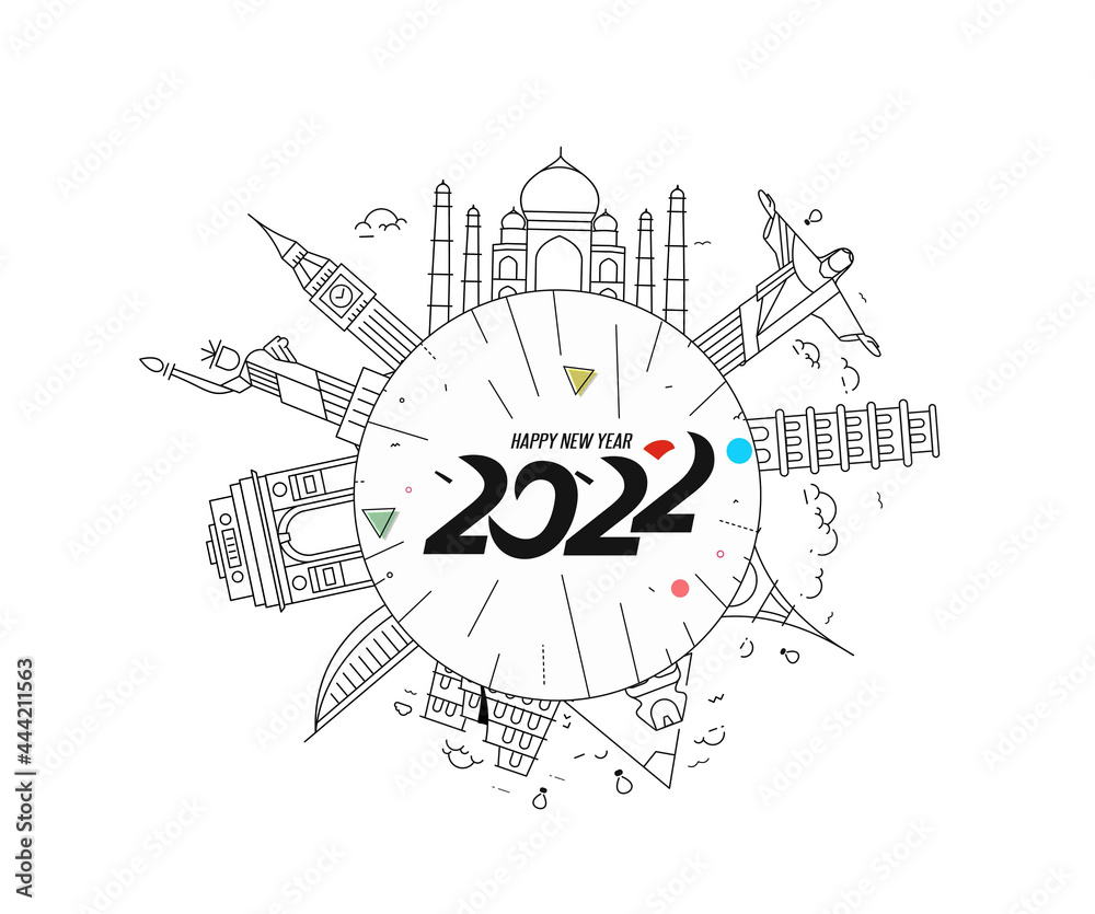 Happy New Year 2022 Text with travel world Design Patter, Vector illustration.
