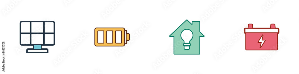 Set Solar energy panel, Battery, Smart house and light bulb and Car battery icon. Vector Set Solar energy panel, Battery, Smart house and light bulb and Car battery icon. Vector