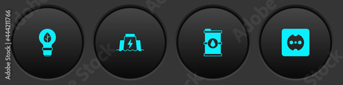 Set Light bulb with leaf, Hydroelectric dam, Bio fuel barrel and Electrical outlet icon. Vector