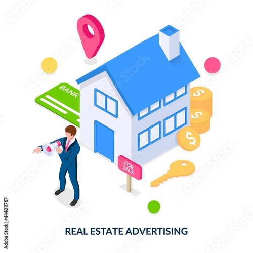 Concept of real estate advertising. Marketing with a megaphone. Buying and selling immovables. Isometric vector illustration on white background