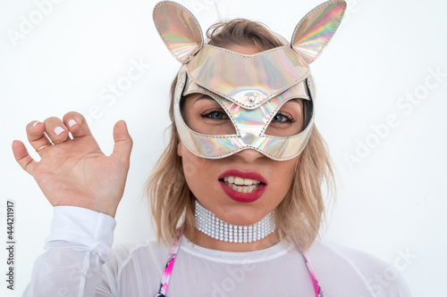 A beautiful Russian model wearing a cat mask