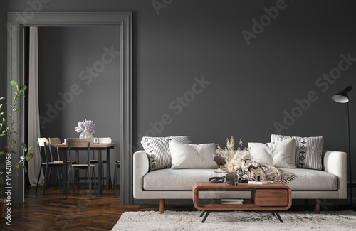 Home interior, modern dark living room interior, black empty wall mock up, 3d render	