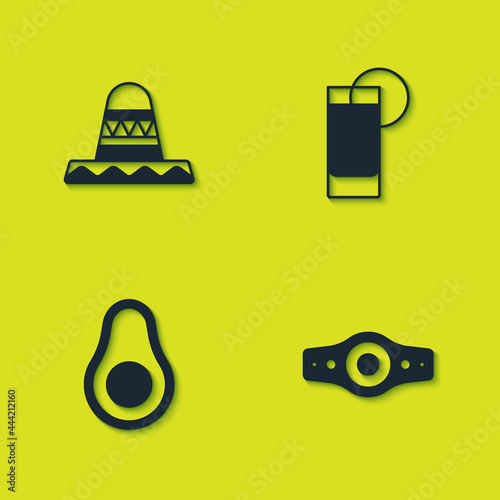 Set Mexican sombrero, Wrestling championship belt, Avocado fruit and Tequila glass with lemon icon. Vector