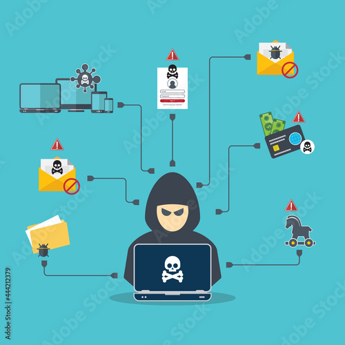 Hacker with laptop computer stealing confidential data, personal information and credit card detail. Hacking concept.	