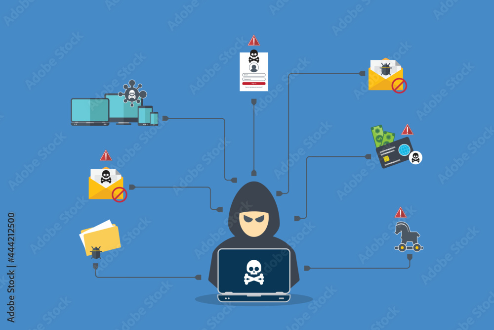 Hacker with laptop computer stealing confidential data, personal ...