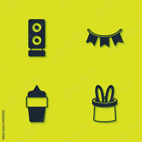 Set Stereo speaker, Magician hat and rabbit ears, Ice cream in waffle cone and Carnival garland with flags icon. Vector