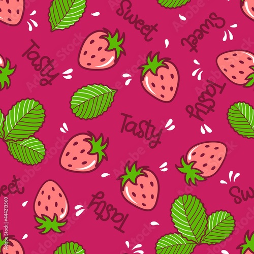 Fototapeta Naklejka Na Ścianę i Meble -  Strawberry seamless pattern crimson background. Colorful fresh berry with leaves and words for wrapping paper, textile, fabric, wallpaper. Summer pink vector gift paper.