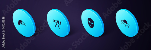 Set Isometric UFO flying spaceship, Alien, Telescope and Ray gun icon. Vector