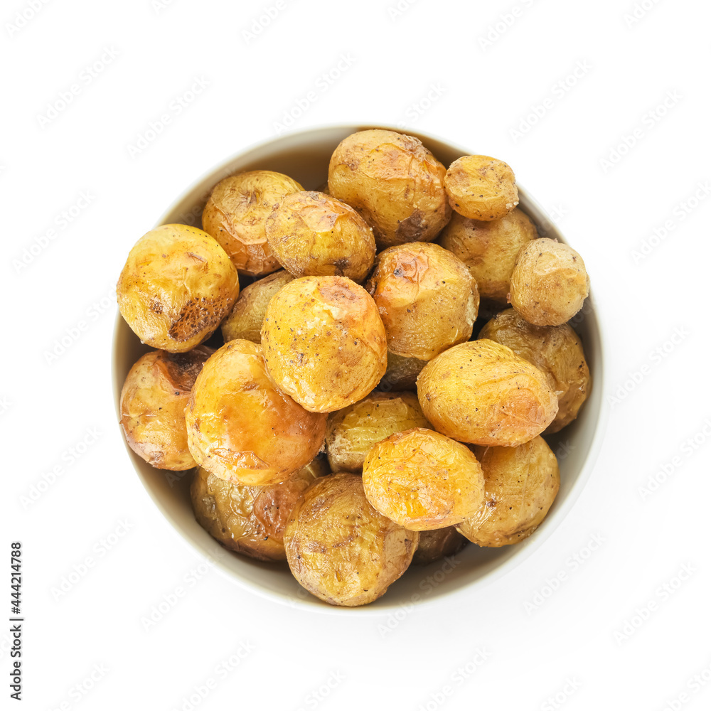 Bowl with tasty baked potato on white background Bowl with tasty baked potato on white background