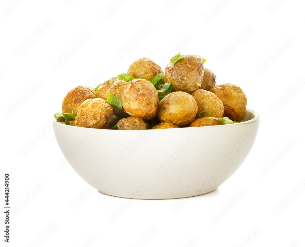 Bowl with tasty baked potato on white background Bowl with tasty baked potato on white background