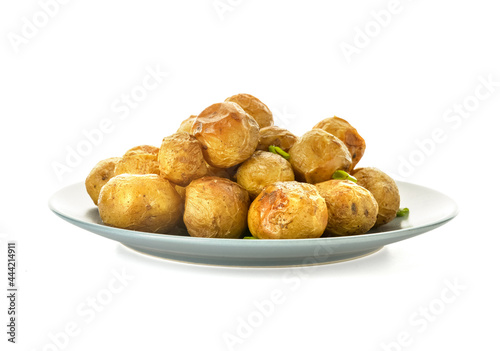Plate with tasty baked potato on white background