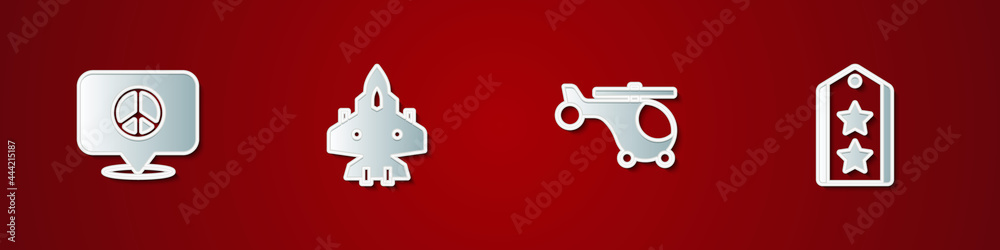 Set Location peace, Jet fighter, Helicopter and Military rank icon. Vector Set Location peace, Jet fighter, Helicopter and Military rank icon. Vector