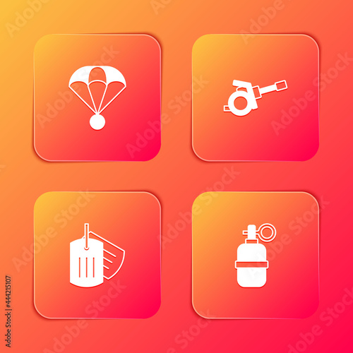 Set Parachute  Howitzer  Military dog tag and Hand grenade icon. Vector