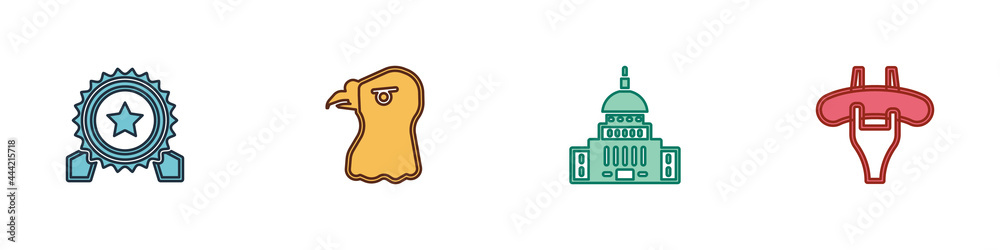 Set Medal with star, Eagle head, White House and Sausage on the fork icon. Vector Set Medal with star, Eagle head, White House and Sausage on the fork icon. Vector