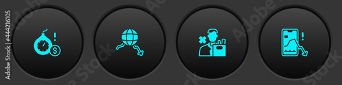 Set Money bomb dollar crisis, Global economic, Employee dismissal and Mobile stock trading icon. Vector