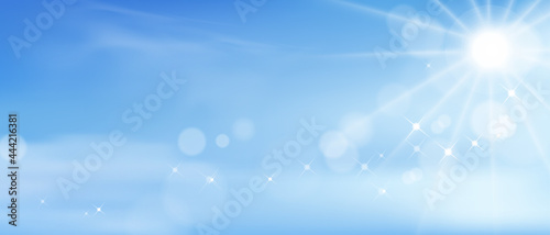 Blue sky with Sun shining on altostratus clouds,Vector Cartoon sky with fluffy cirrus cloud, Concept of seasonal horizon banner in sunny day on spring and summer in the day or morning light