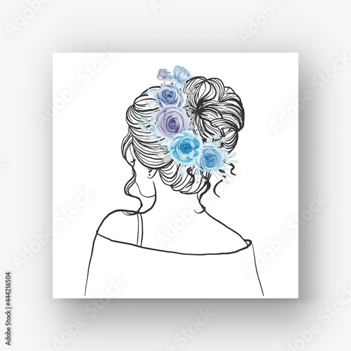 hand drawn Bride with beautiful hairstyle flower watercolor illustrationhand drawn Bride with beautiful hairstyle flower blue watercolor illustration