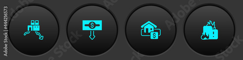 Set Shutdown of factory, Dollar rate decrease, Hanging sign with Sale and Fire burning house icon. Vector