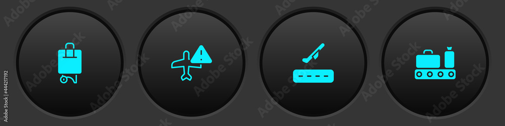 Set Suitcase, Warning aircraft, Plane takeoff and Conveyor belt with suitcase icon. Vector Set Suitcase, Warning aircraft, Plane takeoff and Conveyor belt with suitcase icon. Vector