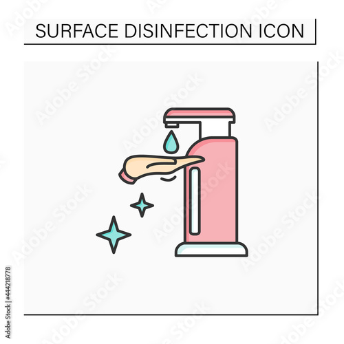 Sanitizer dispenser color icon. Liquid soap or antibacterial solution dispenser linear pictogram. Concept of hygiene, health safety and corona virus prevention.Isolated vector illustration