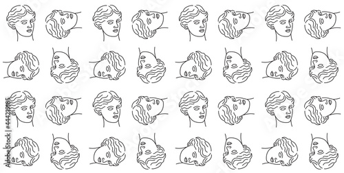 Venus Godness Pattern. Black and white seamless wallpaper with illustrations of Venus head. Line drawing  line art. Minimalistic  simple  linear print design. Greek culture. Famous sculpture