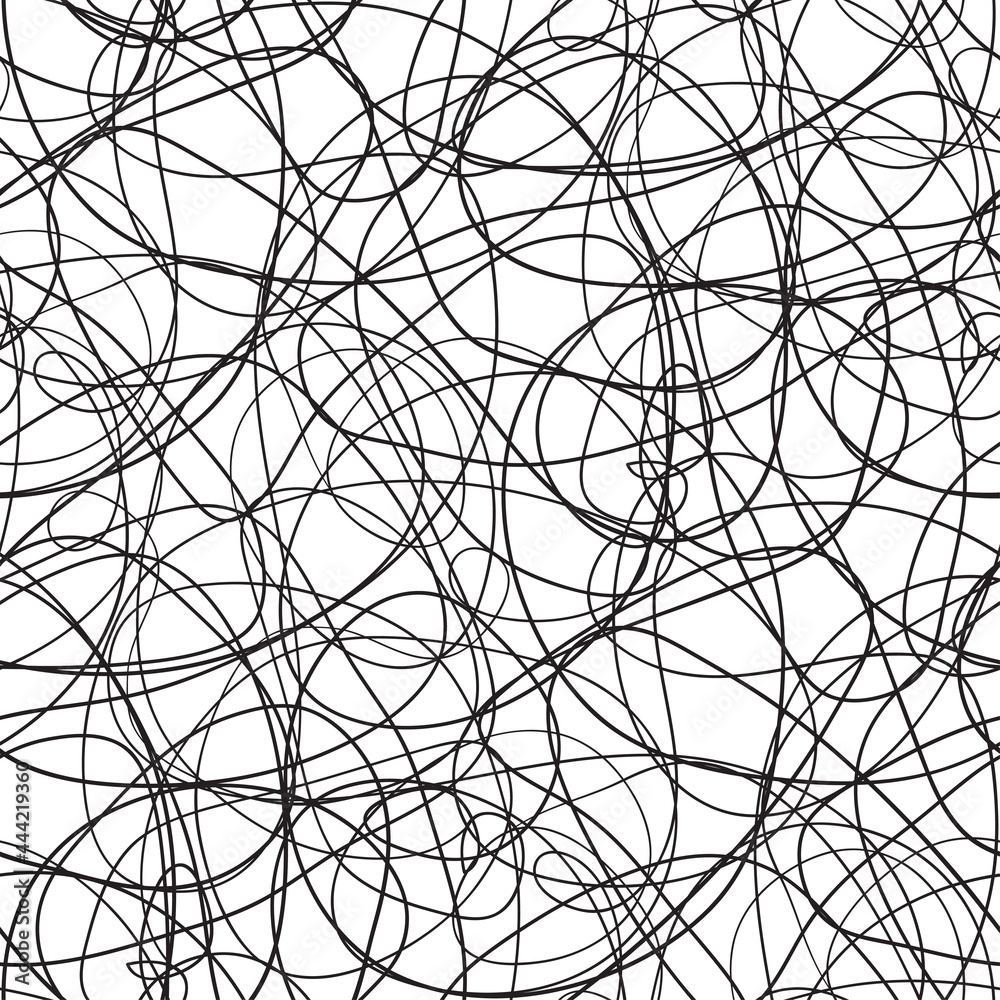 Seamless chaos pattern. Abstract texture. Chaotic lines. Intricate wallpaper. Hand drawn dinamic scrawls. Black and white illustration. Background with lines and waves. Universal texture. Art creation